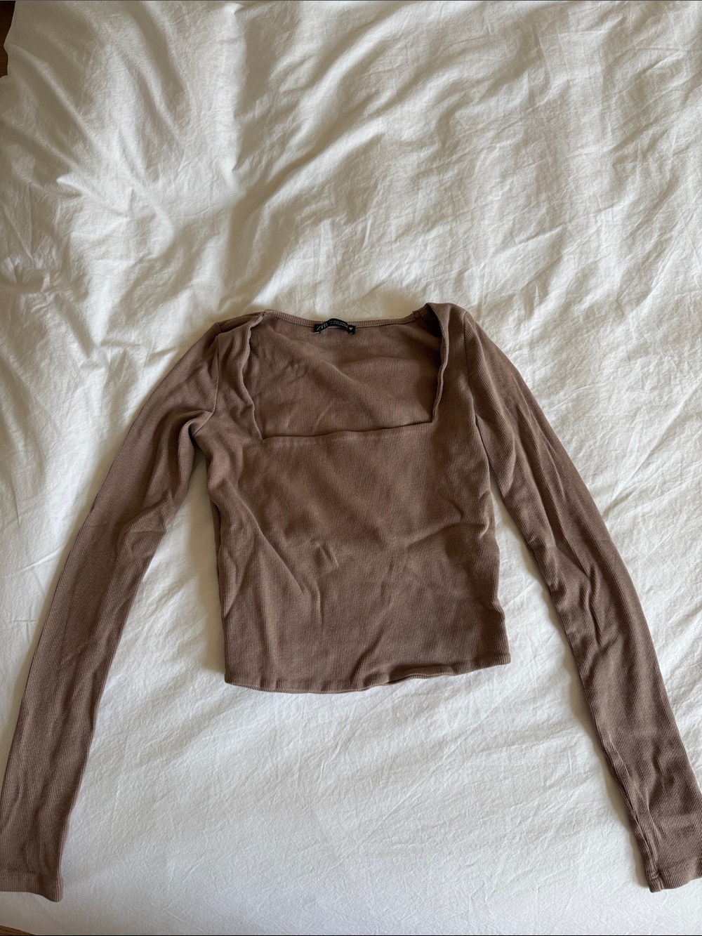 Zara Brown Square-Neck Long Sleeve Top